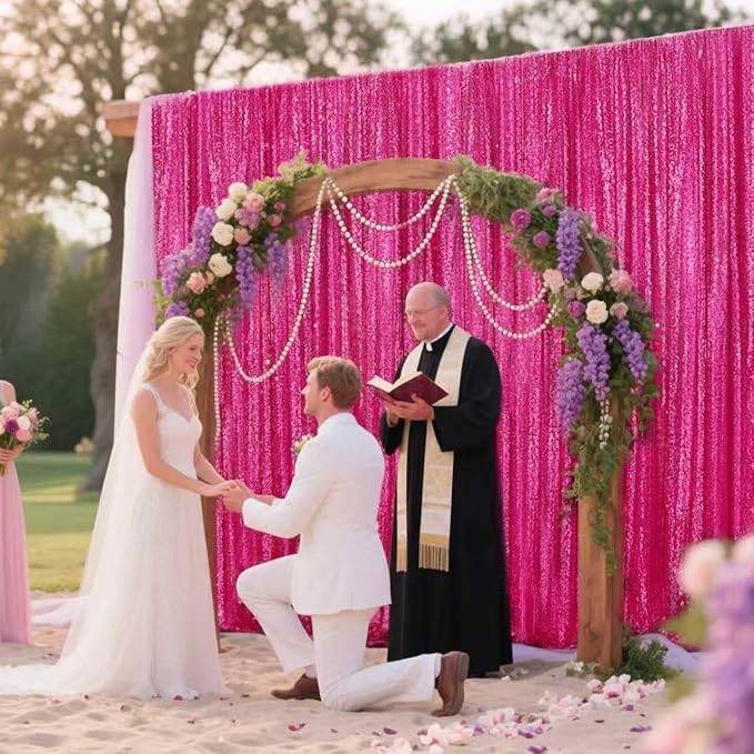 Fuchsia Sequin Backdrop Curtain 2 Pieces 2FTx8FT Glitter Photography Backdrop for Party Wedding Birthday Christmas Decorations