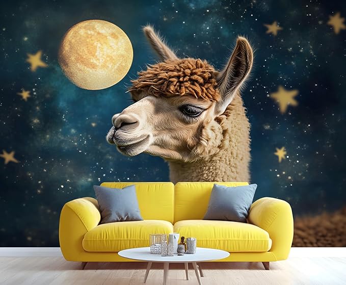 Starry Sky Alpaca Wall Mural, Dreamy Galaxy Moon Alpaca 3D Wall Murals, Cute Animal Wallpaper Mural, for Living Room Bedroom Large Wallpaper Indoor Decor 78.7" W x55.1 H