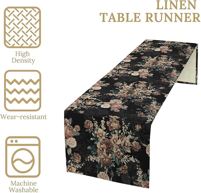 Dark Floral Table Runner, Orange Blossoming Flower Bunch Rose Gothic Black Wildflowers Table Runner for Farmhouse Kitchen Dining Table Decor, 13x108inch
