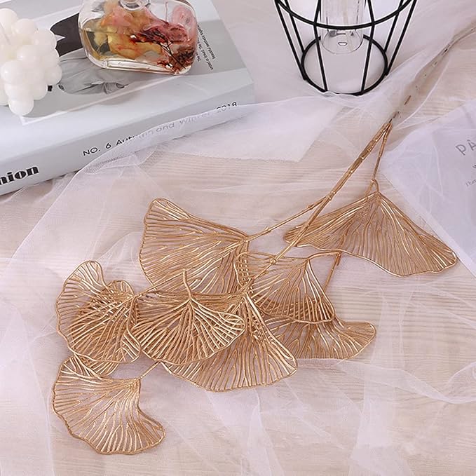 Artificial Golden Plants Fake Gold Ginkgo Leaves - Tall 27Inch 2 Pack, Faux Apricot Leaf Christmas Decor Plant Simulation Bushes for Indoor Outdoor Xmas Party Wedding Table Centerpiece DIY Decoration