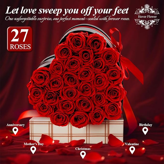 27 Forver Preserved Flowers in a Heart Box, Flowers for Her,Eternal Roses Flowers for Delivery Prime, Flowers Birthday Gifts for Women Mom Grandma Wife - Red
