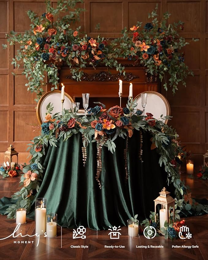 Ling's moment 9FT Flower Garland for Backdrop Decoration - Fall Wedding Arch Flowers, Eucalyptus & Rose, Artificial Floral Garland for Mantle - Sweetheart Table Decor for Ceremony, Teal & Orange