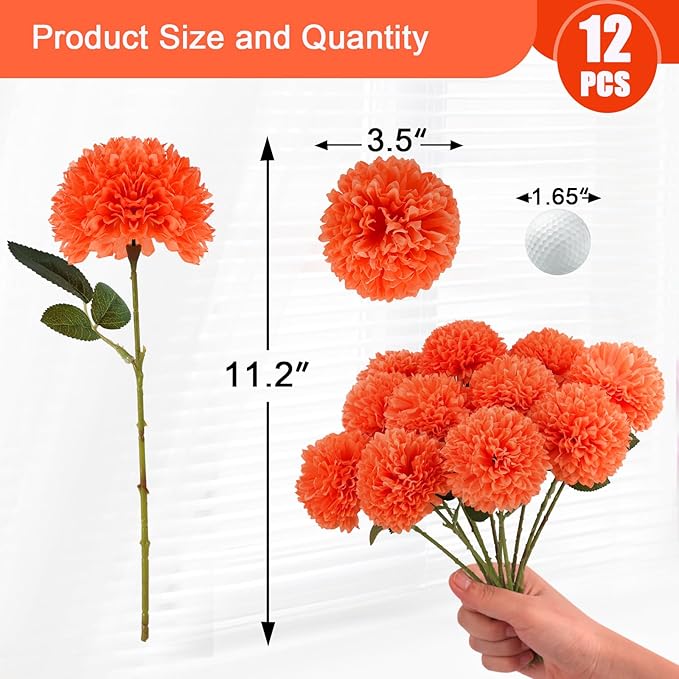 Hananona 12 Pcs Artificial Chrysanthemums Flowers Marigolds Ball Flower, Orange Fake Mums Silk Fall Flowers for Autumn Dia de Los Muertos Home Decor Day of The Dead Table Centerpiece (12, Orange)
