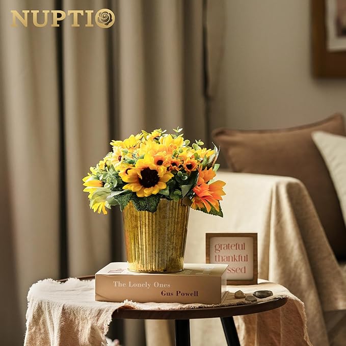 NUPTIO Gold Galvanized Vases for Centerpiece: 12 Pcs 5" Small Ribbed Vases for Flowers Bulk Metal Bucket Planter Pots for Wedding Table Home Decor