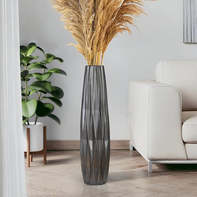 Silvery Ceramic Tall Floor Vase,28 Inch Large Modern Flower Vases for Home Décor,Wicker Big Floor Vases Decorations for Farmhouse, Living Room,Bedroom,Standing Plastic Vase Decorative Tall