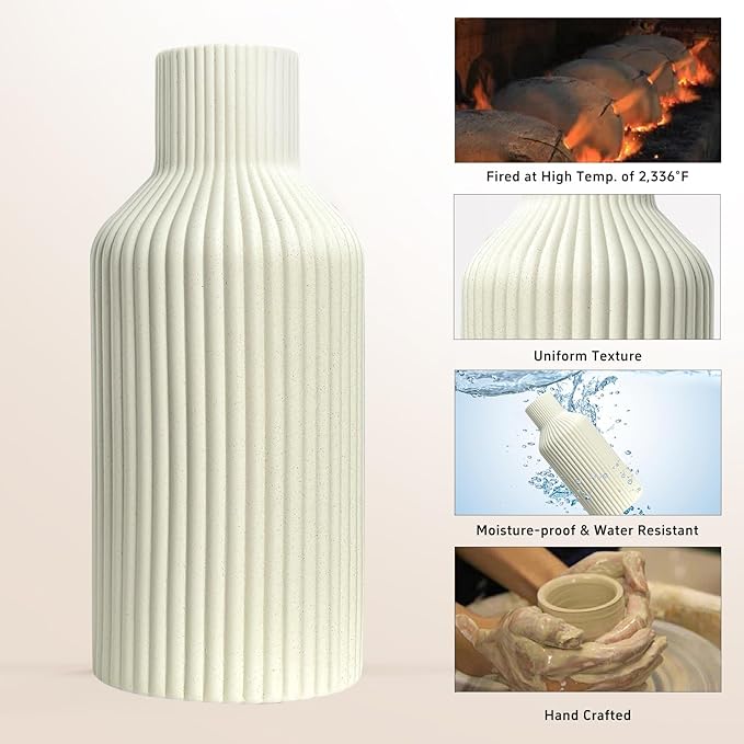 Ceramic Flower Vase, Minimalist Modern Home Decor, Matte Finish Pampas Grass Vase for Table, Fireplace, Shelf, Mantel, Entryway and Centerpieces (Off White)
