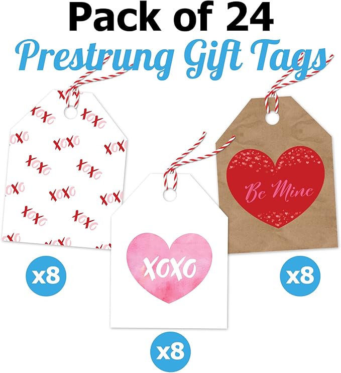 Pro Supply Global 24 Count of 2.5 Inch x 3 Inch Pre Strung XOXO Valentine's Day Gift Tag Assorted Printed Designs on Large Cardstock Gift Hang Tags - Ideal to Use on Bags