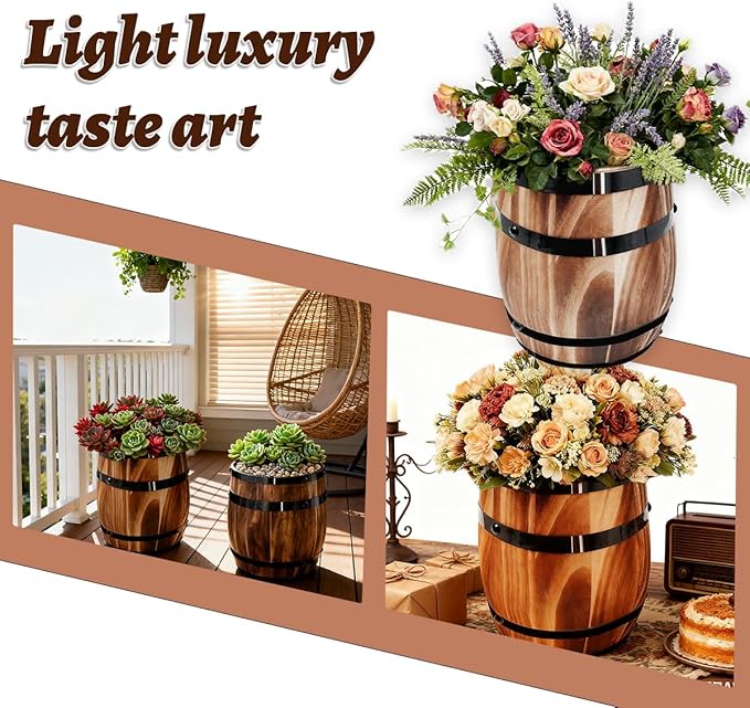 Sunmuliiiy2Pcs Wood Wine Barrel Vase 8" x 6.5" Rustic Wooden Flower Vase Rustic Barrel Barrel Planter for Wedding Reception Table Decoration Home Indoor Outdoor Garden, Kitchen, Party Table Decoration