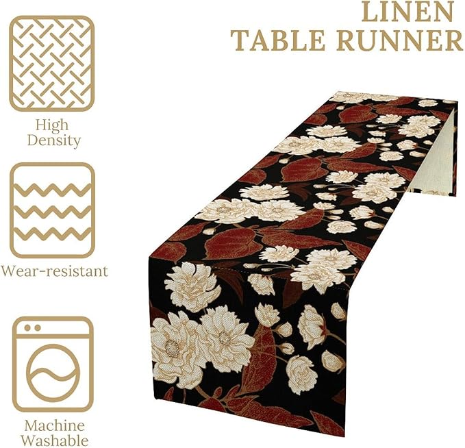 Red Gold Floral Table Runner, Boho Dark Flower Leaves Chinese Plum Blossoms Botanical Vintage White Gold Art Print Table Runner for Spring Holiday Decor, 13x90inch