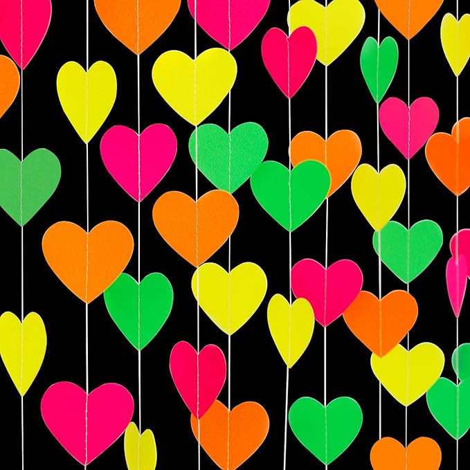 UV Neon Party Decorations Heart-Garland - 52ft Glow in The Dark Supplies,80s Hanging Streamers Banner,Girl Romantic Wedding Anniversary Baby Bridal Shower Engagement Decor Panduola