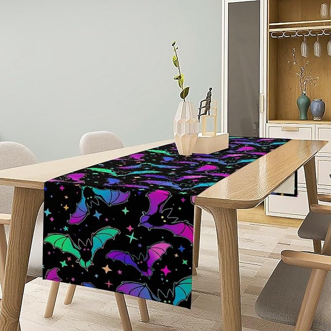 Gothic Table Runner,Colorful Bat Star Pattern Table Runner for Home Kitchen Table Dining Garden Farmhouse Wedding Party Decor 13x90 Inch