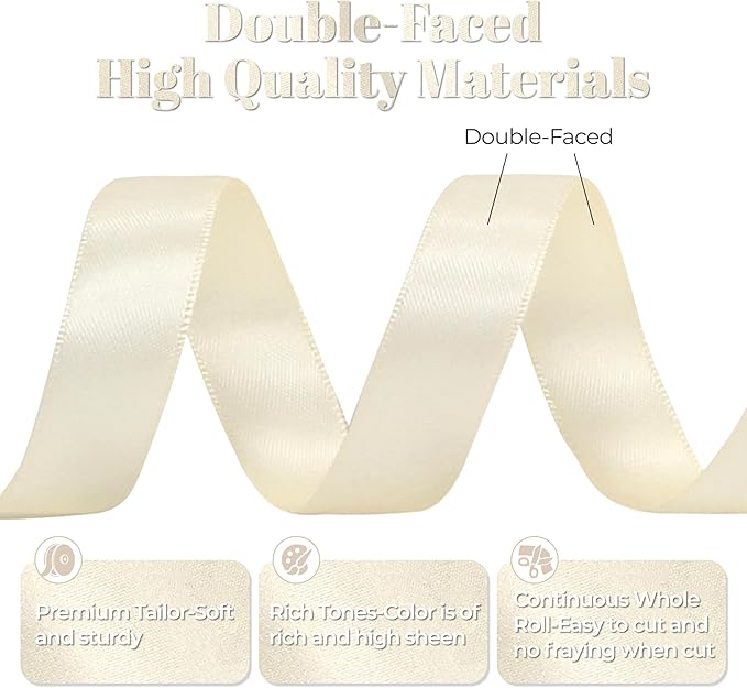 Cream Satin Ribbon, Double Faced 5/8 Inch X 25 Yards, Premium Satin Ribbon for Gift Wrapping, Crafts, Hair Bow Making, Sewing, Flower Bouquet, Wedding Party Decor