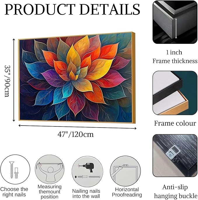 Colorful Flower Canvas Wall Art, Abstract Floral Canvas Prints, Lotus Blossom Pictures Wall Decor, Zen Painting, Yoga Studio Wall Decor (Black Framed, 39"Wx29"H/100x75cm)
