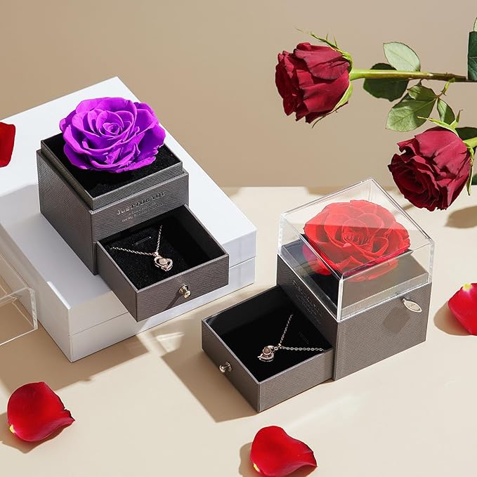 Preserved Rose Gifts for Mom Birthday – Forever Real Rose Music Box for Women – You Are My Sunshine Gifts for Mom Grandma Wife Girlfriend – Eternal Roses Box with I Love You Necklace in 100 Languages