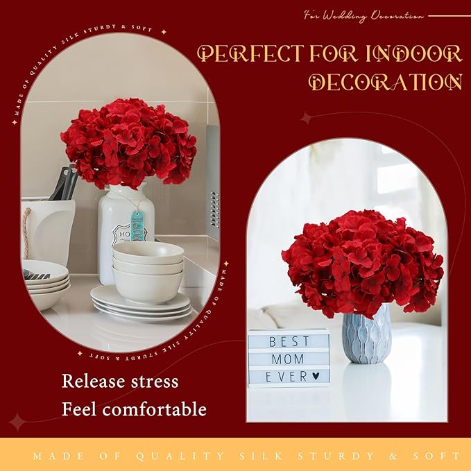 Unittype Silk Hydrangea Artificial Flowers Heads with Stems Faux Hydrangea Flowers for Wedding Centerpieces Bouquets DIY Floral Decorations for Home Indoor(Burgundy,100 Pieces)