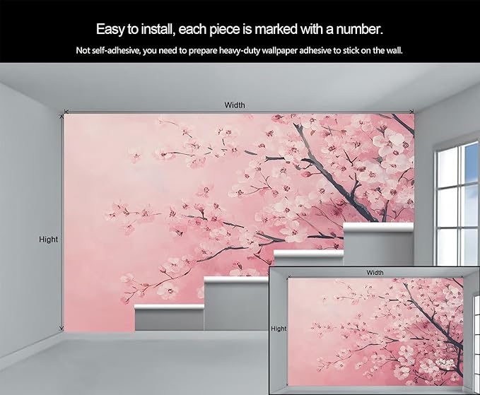 Pink Cherry Blossom Wall Mural, Romantic Cherry Blossom 3D Wall Murals, Japanese Flower Wallpaper Mural, for Living Room Bedroom Large Wallpaper Indoor Decor 137.8" W x100 H