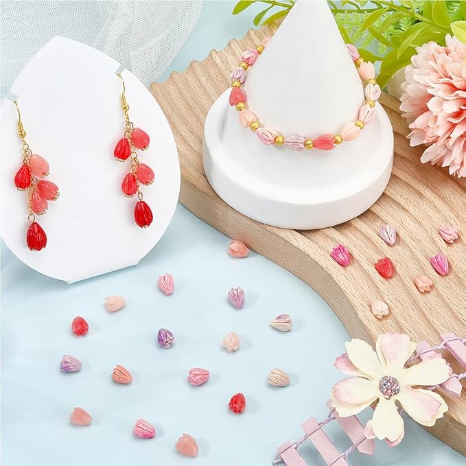 1 Box 4 Colors 80Pcs Acrylic Flower Beads Artificial Flower Beads Bulk Loose Plastic Jasmine Coral Colorful Floral Spacer for Jewelry Making Findings Necklace Bracelet DIY Crafts Beginner