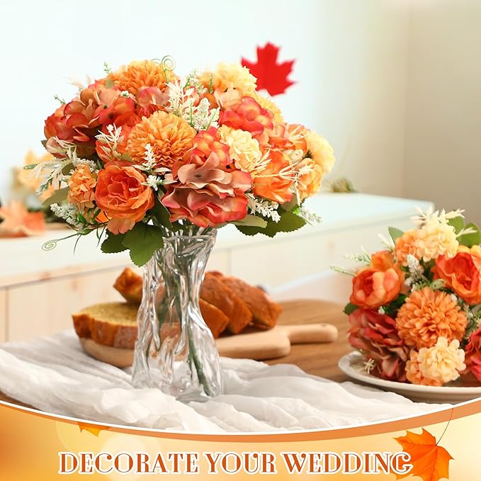 Tigeen Artificial Flowers Artificial Peonies Silk Flowers Faux Peony Fake Peony Silk Hydrangea Bouquet for Wedding Table Centerpiece Floral Vase Decor (Bright Orange,12 Bundles)
