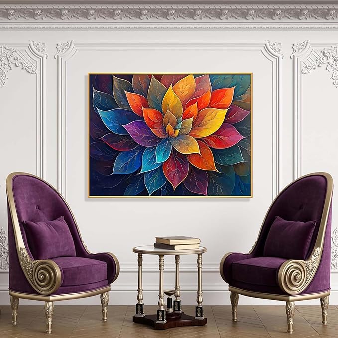 Colorful Flower Canvas Wall Art, Abstract Floral Canvas Prints, Lotus Blossom Pictures Wall Decor, Zen Painting, Yoga Studio Wall Decor (Gold Framed, 23"Wx17"H/60x45cm)