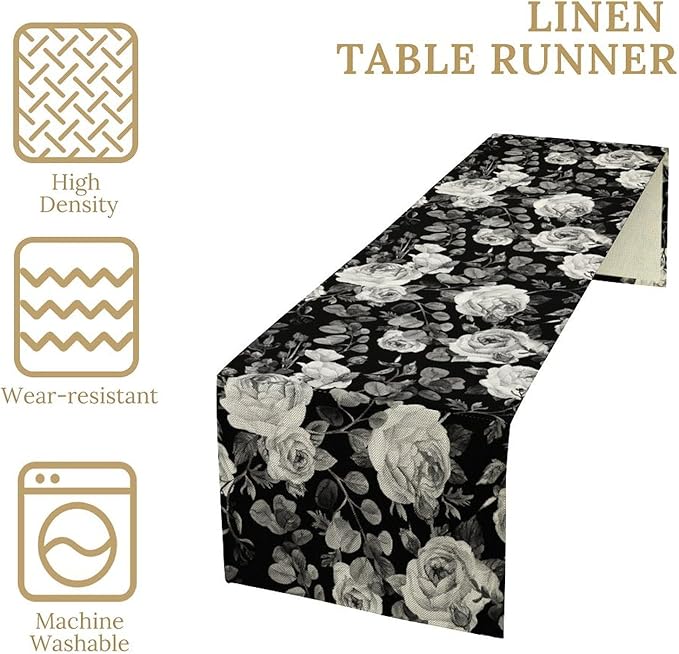 Vintage Black Flower Table Runner, Retro Roses Blossom Eucalyptus Plants Botanical Branches Dark Gothic Floral Table Runner for Home Party Indoor Outdoor Decor, 13x70inch