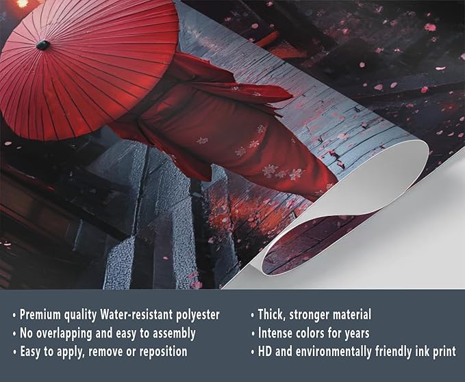 Japanese Street Wall Mural, Cherry Blossom Lantern Scene 3D Wall Murals, Romantic Rainy Evening Japan Wallpaper Mural, for Living Room Bedroom Large Wallpaper Indoor Decor 118" W x 82.6 "H