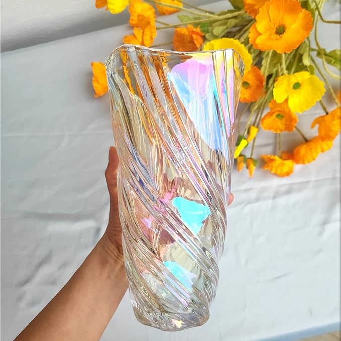9.4" High Colorful Glass Vase,Elegant Spiral Decorative Centerpiece for Home, Office,Wedding, Stylish Glass Flower Vase