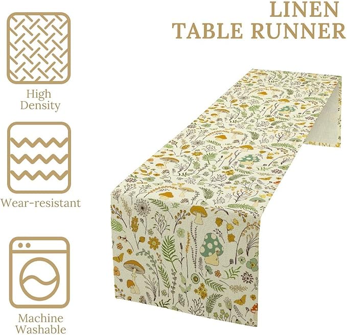 Wild Mushroom Table Runner, Vintage Botanical Rustic Retro Wildflower Herbs Plants Green Mushroom Table Cover for Home Kitchen Dining Decor Indoor Outdoor Party, 13x90inch