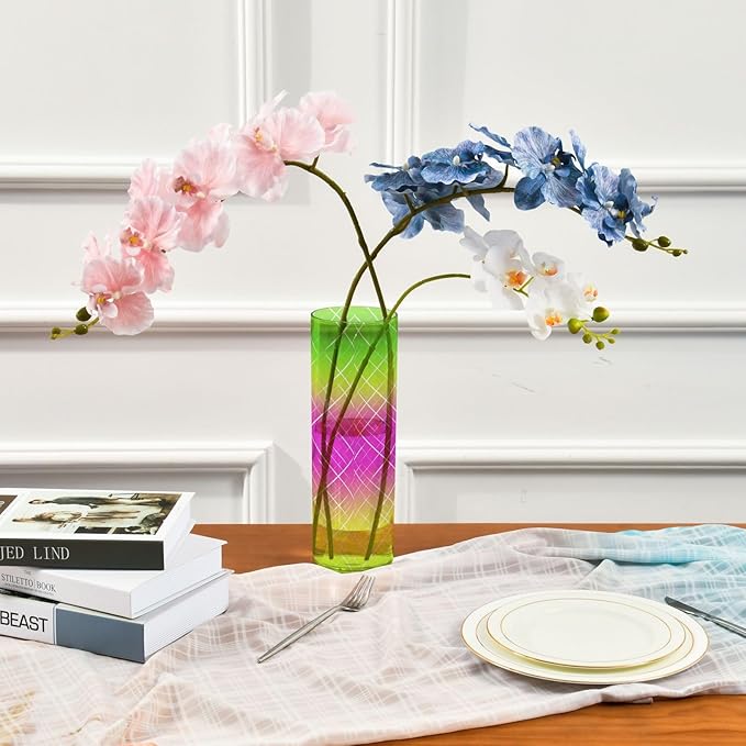 Flower Vase Clear Plastic Cylinder Vases Decor for Centerpieces Home Storage Office Weddings Pink Yellow Gradient Plaid 11.8 x 3.9 in
