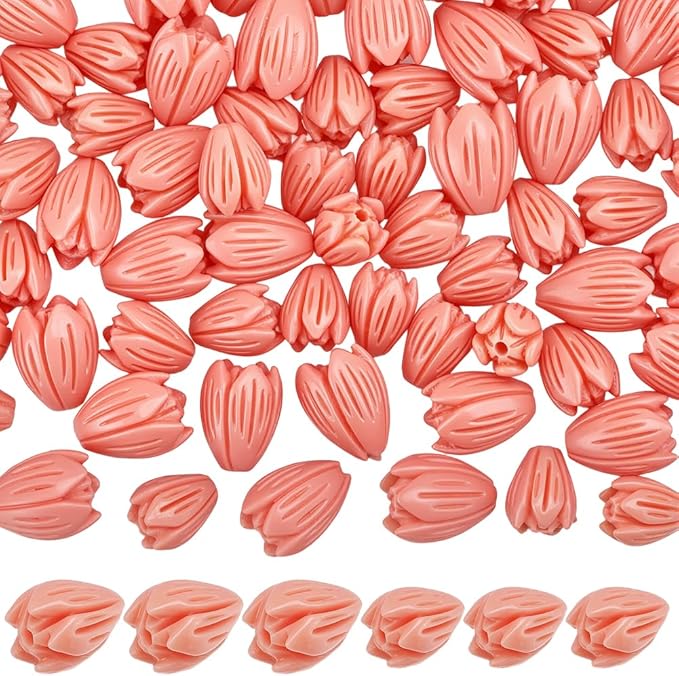1 Box 100Pcs 2 Styles Carved Coral Beads 3D Flower Beads Pink Jasmine Small Artificial Floral Dyed Synthetic Coral Smooth Loose Spacers Findings for Jewelry Making Bracelet Necklace DIY Craft