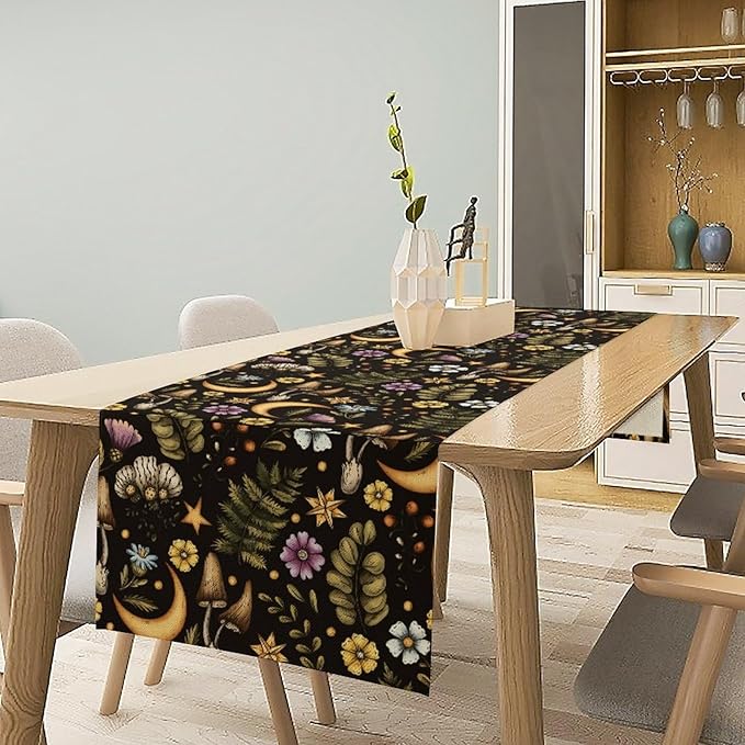 Vintage Mushroom Table Runner, Rustic Botanical Flowers Fern Moon Star Print Table Runner for Home Kitchen Dining Table Decoration Indoor Outdoor Party, 13x60inch
