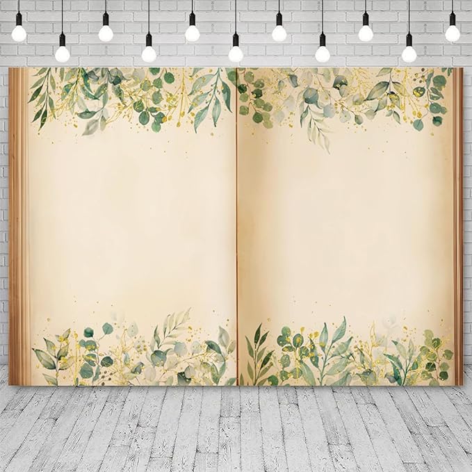 8x6ft Fairy Tale Books Backdrop Once Upon a Time Storybook Photography Background Green Leaves Foliage Old Open Magic Book Romantic Wedding Decorations Birthday Baby Shower Photo Booth Prop