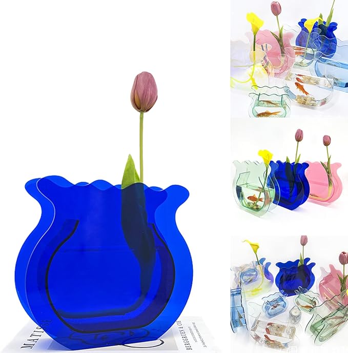 Acrylic Fish Bowl Flower Vase for Small Fish or Plant, Klein Blue Dual-Purpose Acrylic Decorative Vase for Home Office or Living Room, Modern Bud Design (Klein Blue, Regular Size)