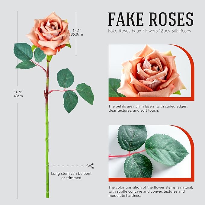 Fake Roses Faux Flowers Silk Roses 16.5In Artificial Roses with Stems Realistic Artificial Flowers Suitable for Indoor Home Decoration Diy Bouquet Wedding Decoration Party Decor 12PCS Khaki