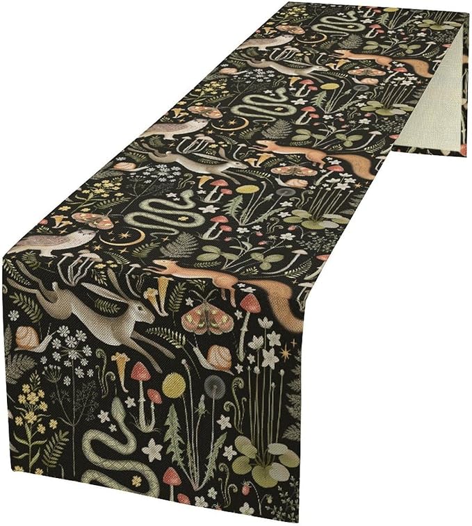 Farmhouse Forest Table Runner, Fairy Tale Woodland Wild Animals Moths Owl Snake Flowers Mushroom Kitchen Dining Table Runners for Indoor Outdoor Home Party Holiday Decor, 13x60inch