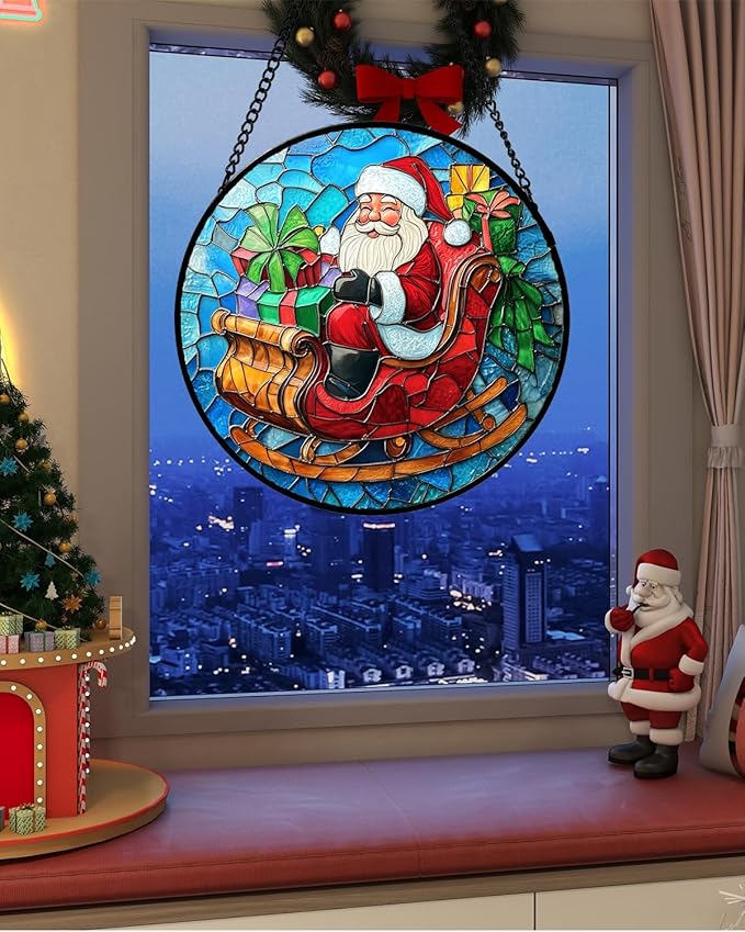 Stained Glass Window Hanging - Red Santa Claus Gift Box Suncatcher for Doors Home Christmas Decoration Winter Sun Catcher Thanksgiving New Year Birthday Gift for Women Men Mom Nana 15 in