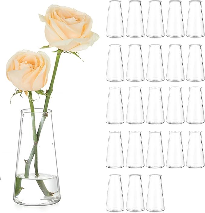 Hewory Glass Bud Vases for Centerpieces: Small Clear Modern Flower Vase Set of 24, Minimalist Cute Mini Decorative Bulk Vases for Wedding Birthday Bridal Shower Party Events Dining Room Table Decor