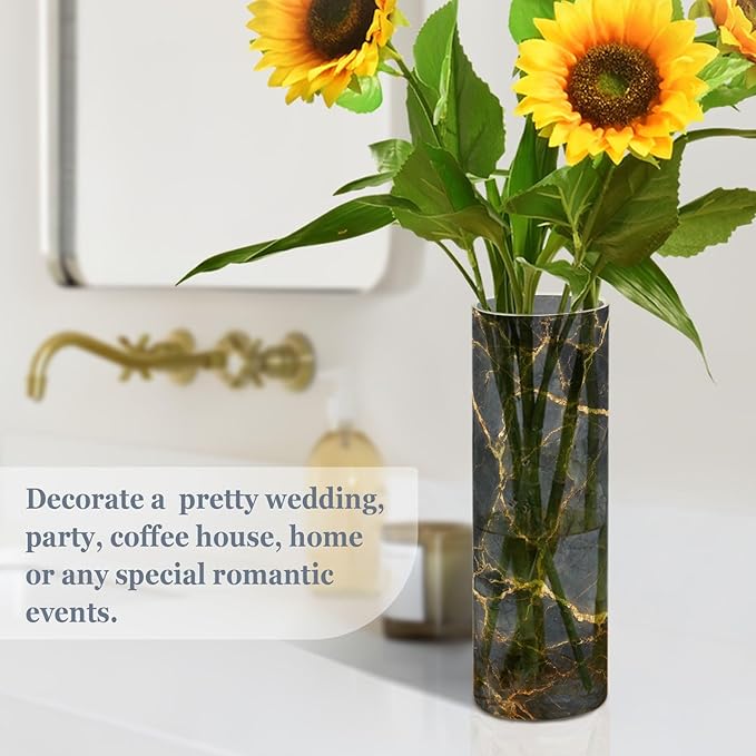 xmyzcd Black Gold Marble Vase Cylinder Vases Clear Plastic Flower Vase Easy to Clean for Centerpieces Homes, Offices, Kitchens