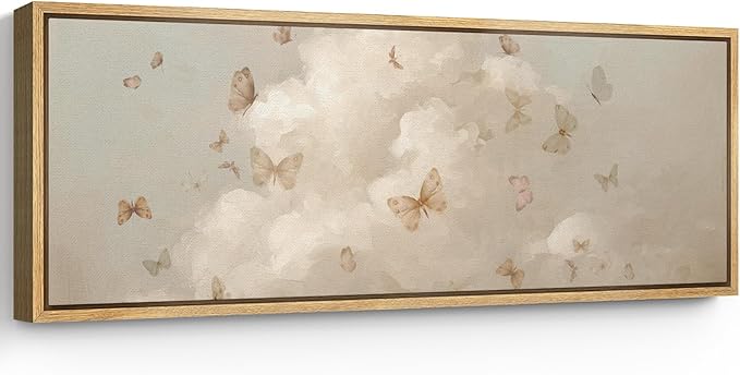 SIGNFORD Large Framed Canvas Print Wall Art Butterflies in the Clouds Dreamy Neutral Sky with Flying Butterflies Illustrations Modern Art Relax/Calm Warm for Living Room, Bedroom, Office - 60"x20"
