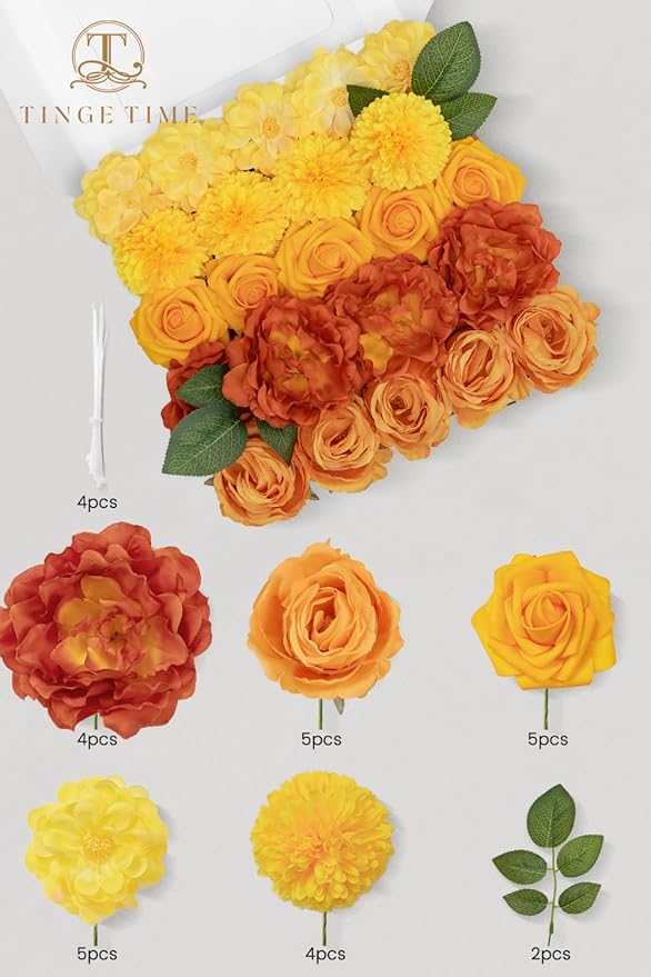 TINGE TIME Artificial Flowers Combo Set, Gradient Color Flower Leaf with Stems for DIY Wedding Bouquets Centerpieces Baby Shower Party Home Decorations(Yellow & Tangerine Orange)
