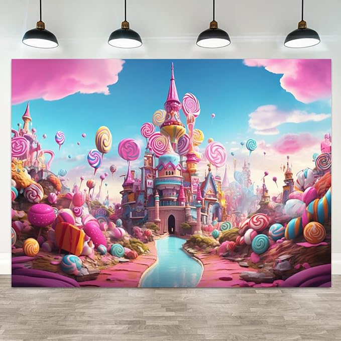 12x10ft Candyland Backdrop Sweet Candy Castle Photography Background Colorful Lollipop Blue River Cartoon Kids Birthday Banner Decorations Baby Shower Newborn Portrait Photo Booth Prop