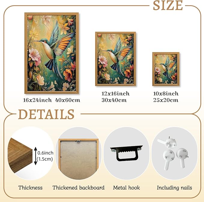 LLEEMPI William Morris Wall Art, Vintage Bird Floral Wall Decor, Hummingbird Flower Canvas Painting, Colorful Nature Botanical Aesthetic Picture for Living Room Bedroom Kid Room Wood Framed 8x10 inch
