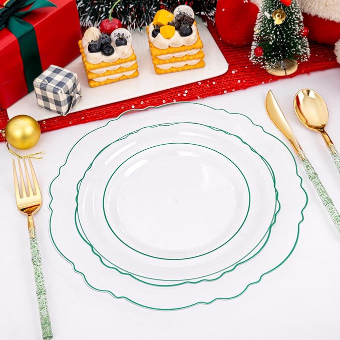 Liacere 150PCS Clear and Green Plastic Plates - Disposable Plates with Glitter Bamboo Handle Cutlery - 60 Baroque Elegant Plates,30Forks,30Spoons,30Knives for Christmas