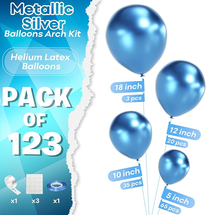 Togvu Metallic Blue Balloons Different Size, 123 Packs Blue Balloons Arch Kit, Pack of 18 12 10 5 Inch Chrome Blue Balloons Garland for Graduation Baby Shower Birthday Wedding Decoration