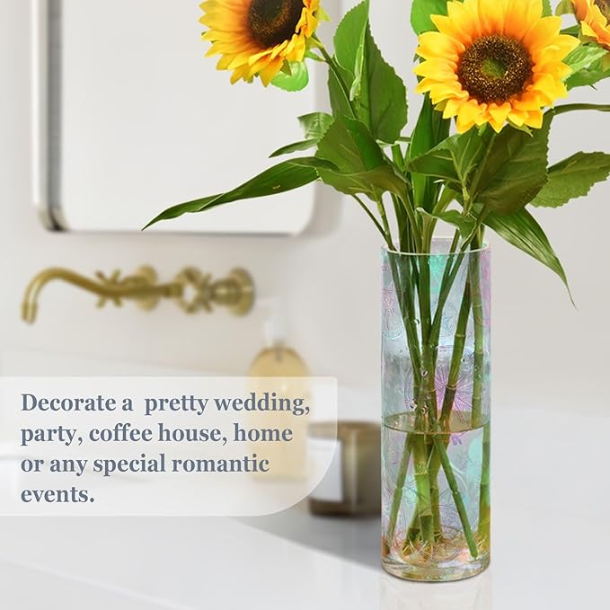 Flower Vase Clear Plastic Cylinder Vases Decor for Centerpieces Home Storage Office Weddings Rainbow Color Circular Pentagrams Stars 11.8 x 3.9 in