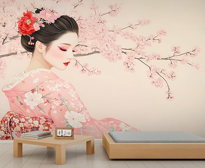 Japanese Cherry Blossom Wall Mural, Kimono Woman Geisha 3D Wall Murals, Oriental Beauty Wallpaper Mural, for Living Room Bedroom Large Wallpaper Indoor Decor 177.16" W x120 H