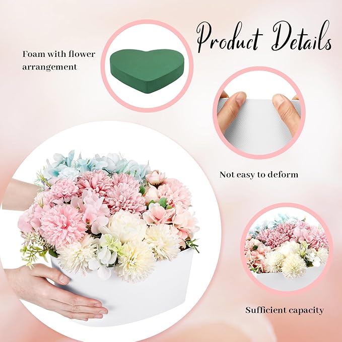 Nuenen Heart Shaped Flower Gift Boxes, Floral Gift Box with Lids Floral Foam Clear Cellophane 9.8 x 9 x 5 Inches for Birthday Wedding Proposal Packaging Arrangements(White)