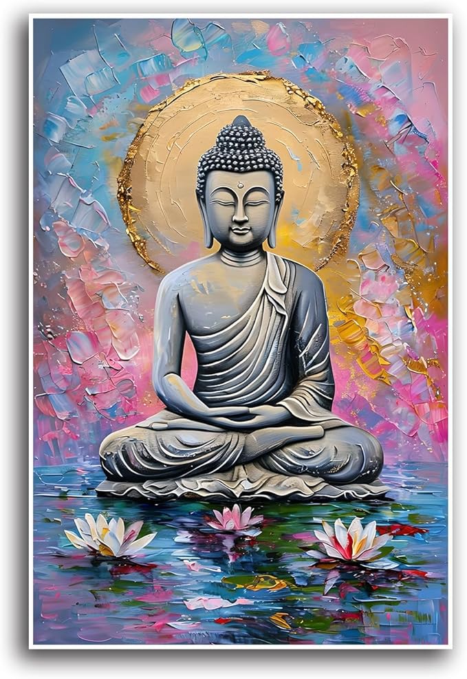 Lotus and golden Buddha meditation tranquil zen wall art mindfulness wall art for spiritual harmony and tranquility decor 20x30in Frameless