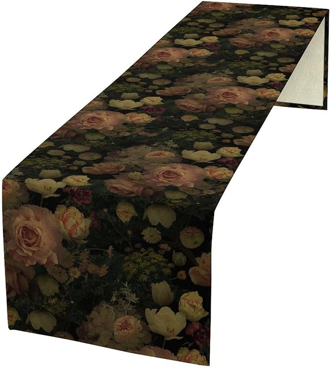 Vintage Floral Table Runner,Pink Flowers Rose Gothic Print Table Runner for Home Kitchen Table Dining Indoor Outdoor Party Decor 13x120 Inch