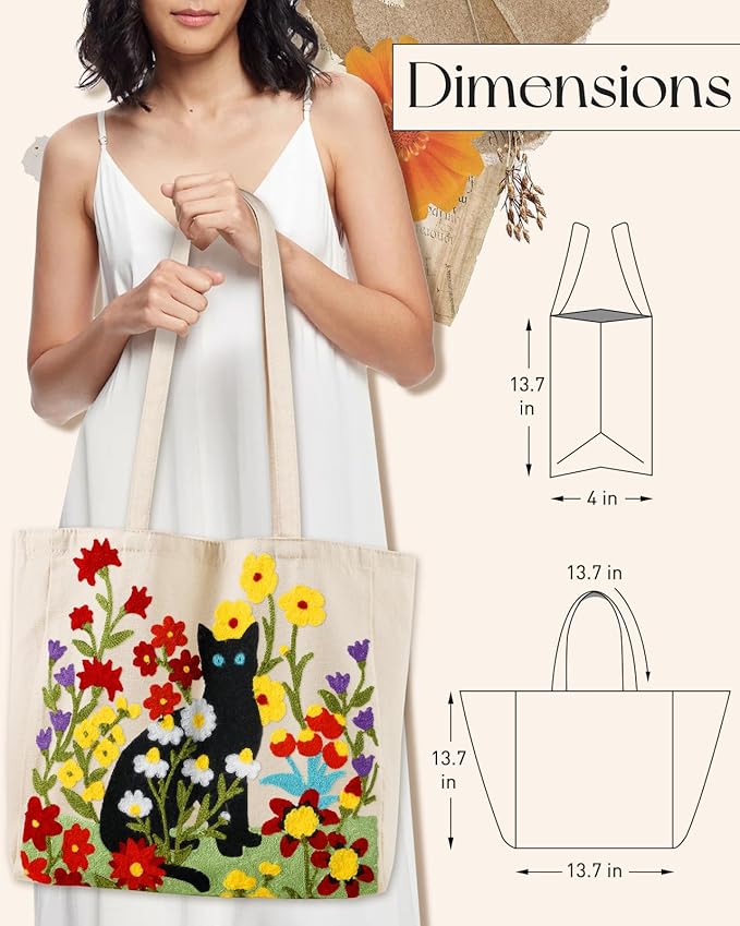 Aesthetic Embroidery Tote Bag for Women - Reusable Canvas Cute Shoulder Bag for Shopping, Grocery, Work, Book