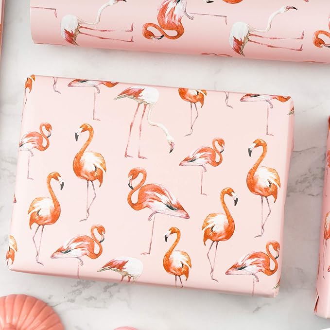 WRAPAHOLIC 30 Inch Flamingo Wrapping Paper Roll - 30 Inch x 33 Feet - Pink Flamingo Summer Wrapping Paper for Kids Girls Women Birthday, Wedding, Baby Shower, Bridal Shower